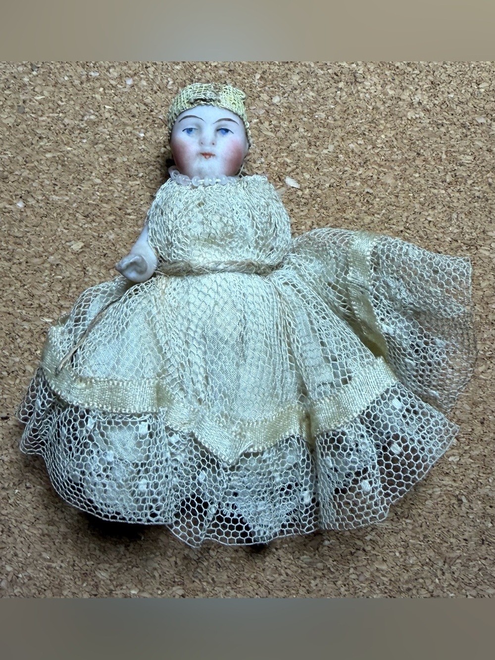 Antique Miniature Bisque Doll In Dress Damaged Vintage 3.5” Blue Eyed Girl